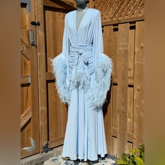 🆕 BRONX & BANCO 🧿 NWOT Geisha Feather-Trim Maxi Dress, Powder Blue - Sz M US 6 - Picture 3 of 16